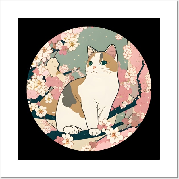 Cat Sakura Japanese Kawaii - Love Cherry Blossom Wall Art by Matthew Ronald Lajoie